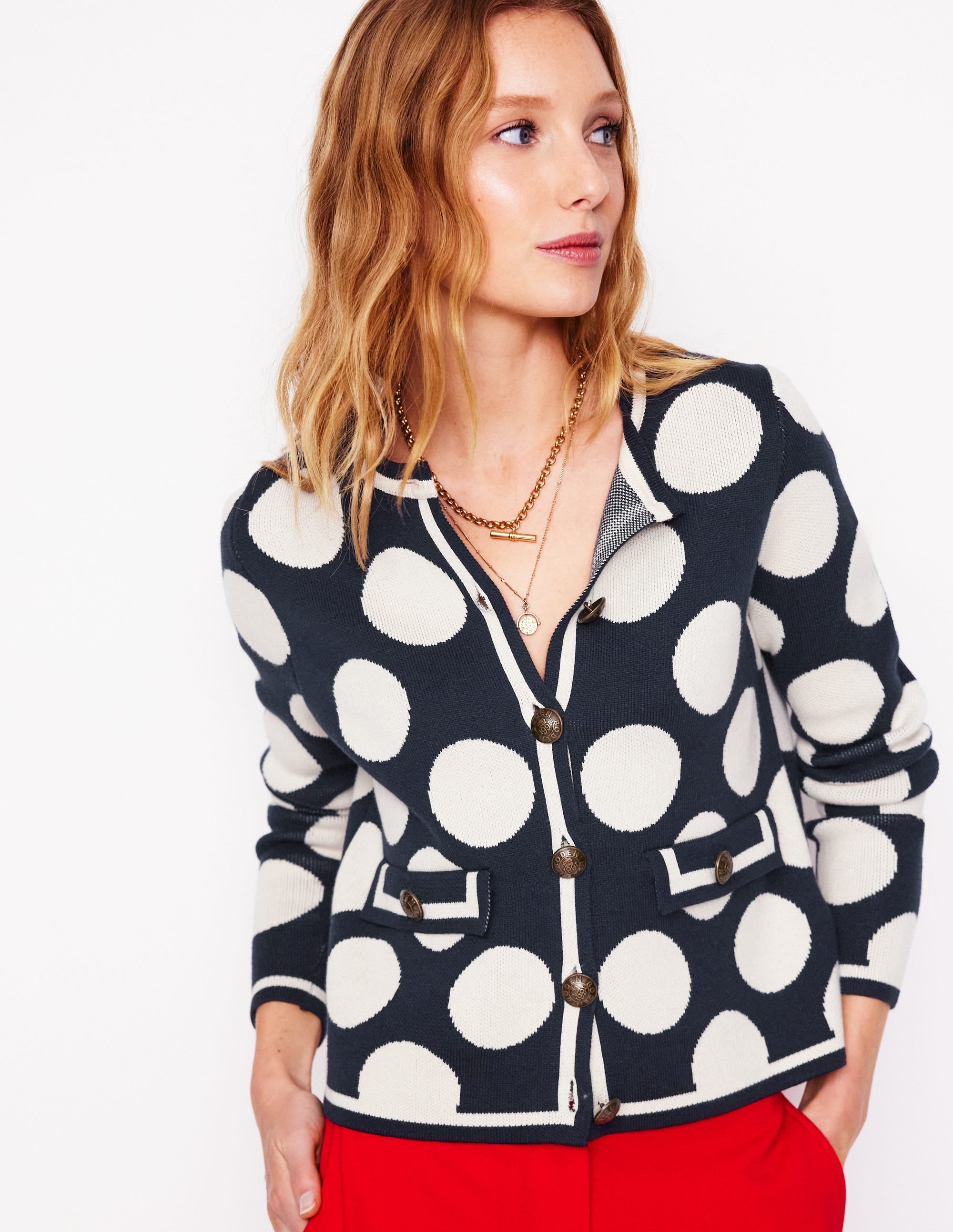 Holly Knitted Jacket-French Navy. Large Ivory Spot