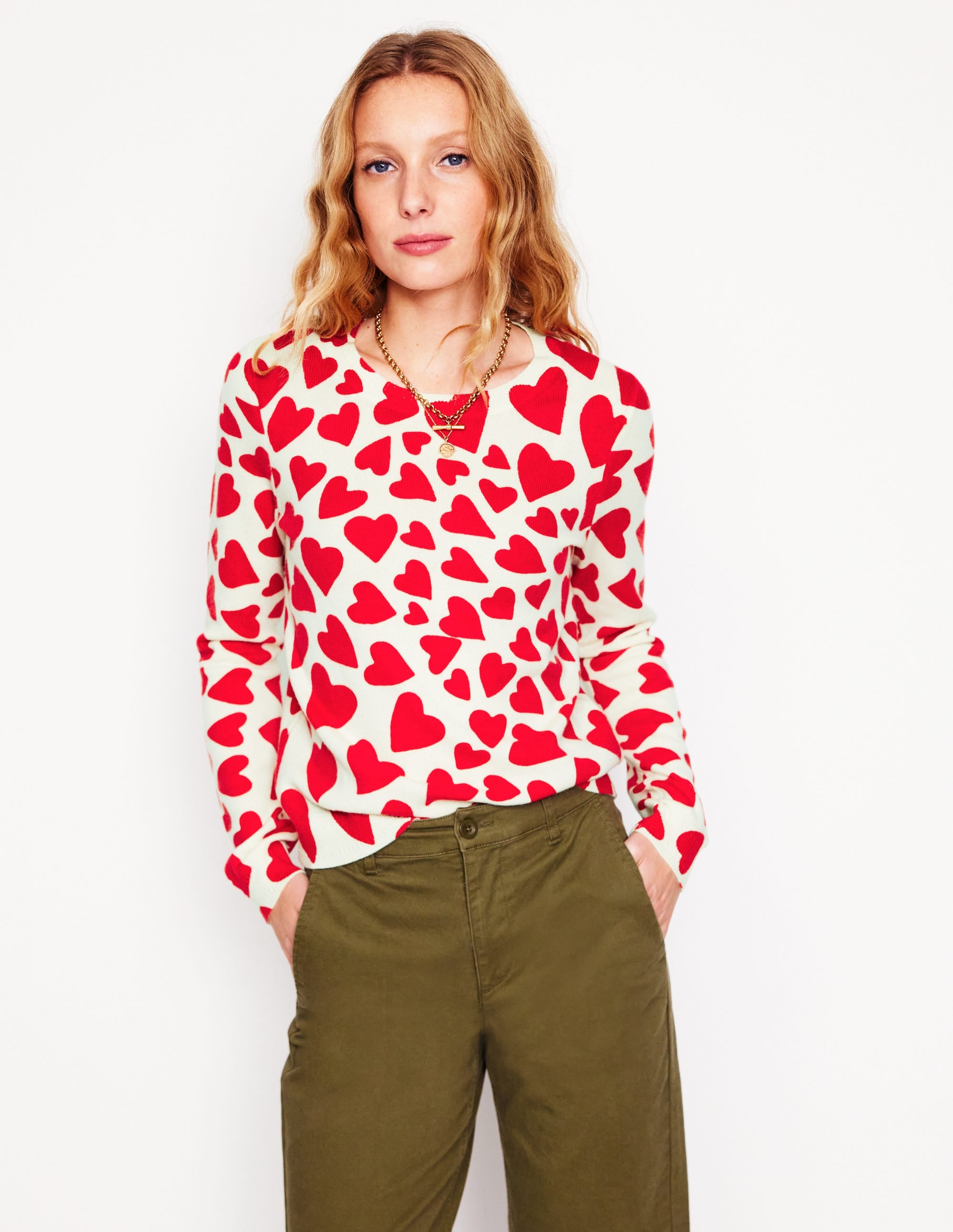 Eva Cashmere V-Neck Sweater-Ivory. Heart Cluster