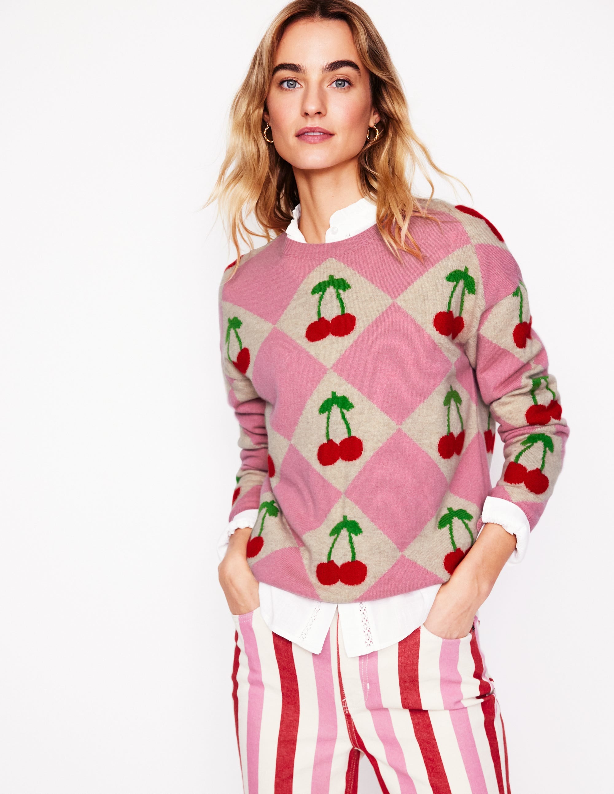 Lydia Cashmere Jumper-Pink. Cherry Argyle