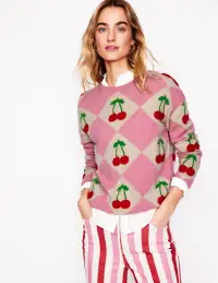 Lydia Cashmere Jumper-Pink. Cherry Argyle