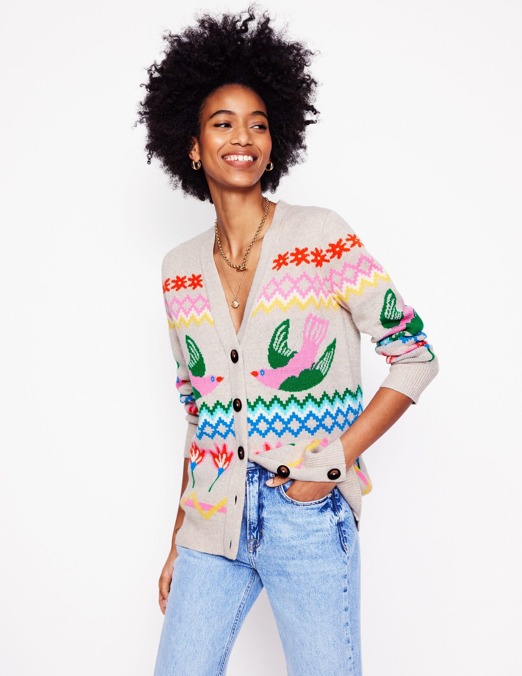 Fair Isle Boyfriend Cardigan-Oatmeal Melange. Birds