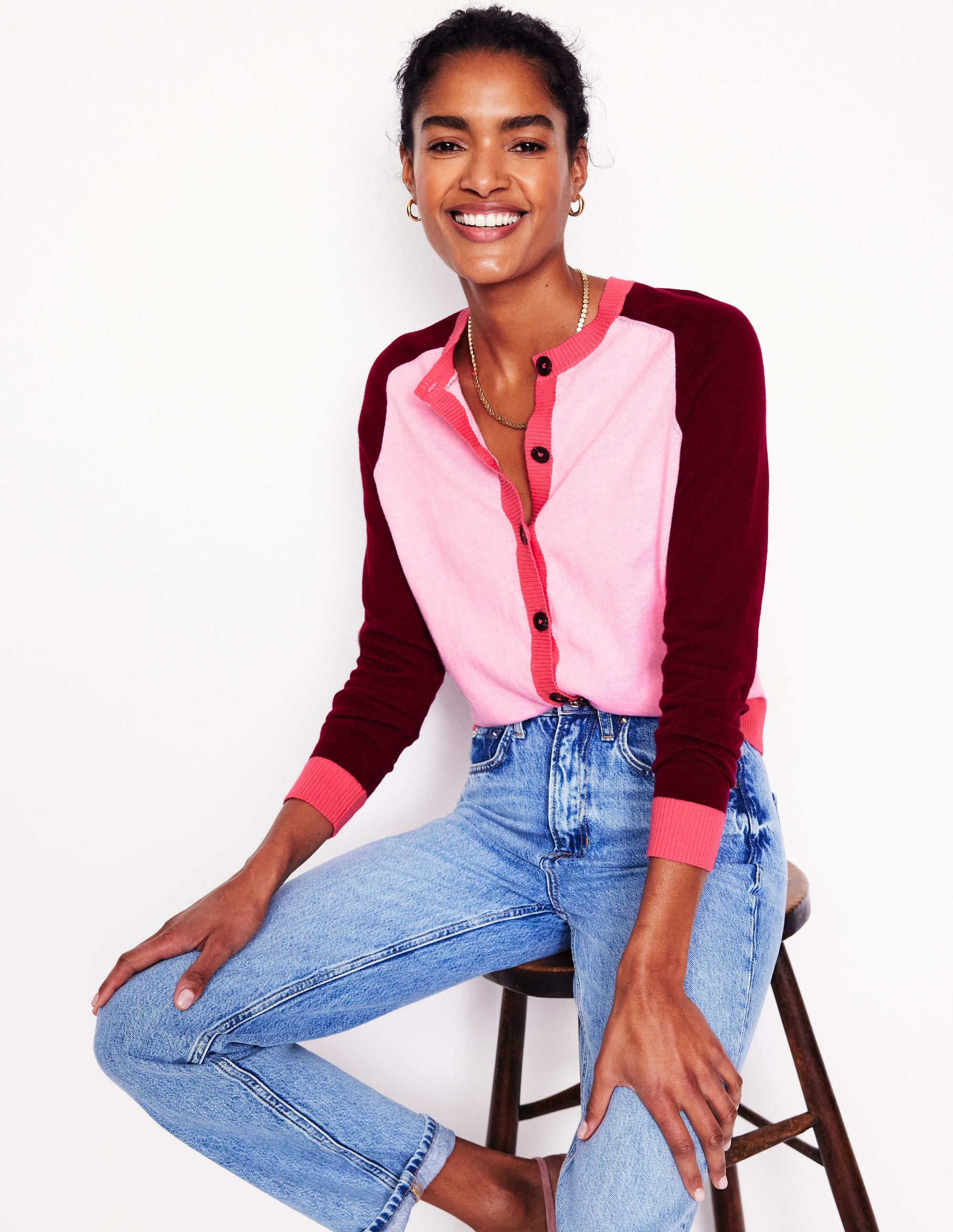 Meg Saddle Sleeve Cardigan-Soft Pink. Colourblock