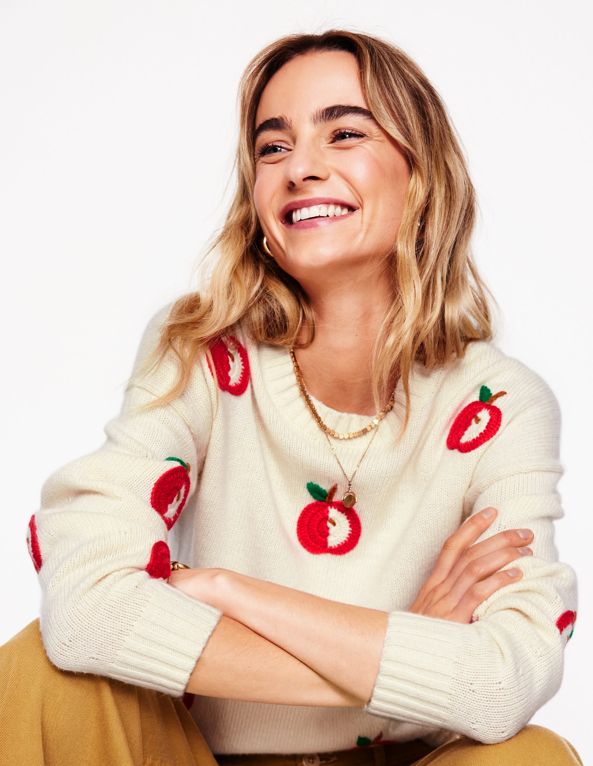 Novelty Embroidered Sweater-Warm Ivory. Apples