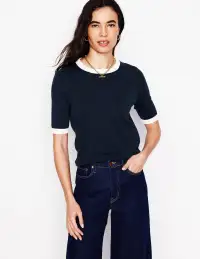 Emilia Cotton Crew T-shirt-Navy. Warm Ivory(XS)