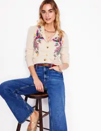Embroidered Crew Neck Cardigan-Warm Ivory. Peacock
