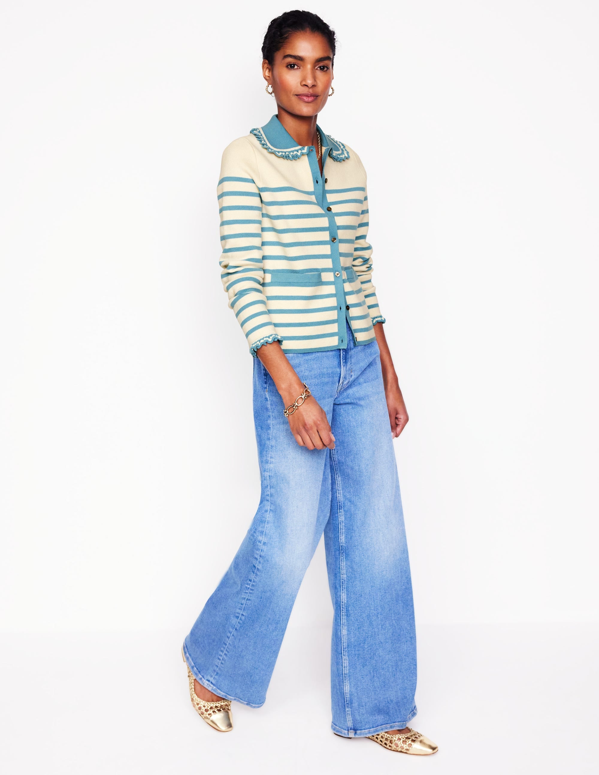 Jessie Frill Collared Cardigan-Ivory. Duck Egg Blue Stripe