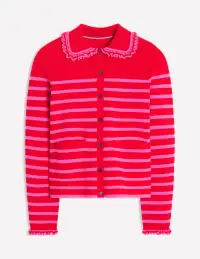 Jessie Frill Collared Cardigan-Poppy Red. Sorbet Pink Stripe(XS)