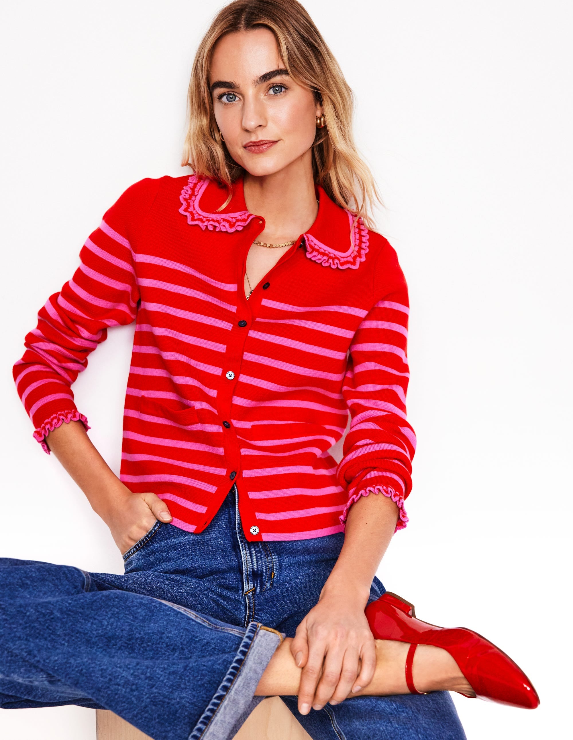 Jessie Frill Collared Cardigan-Poppy Red. Sorbet Pink Stripe