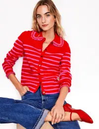 Jessie Frill Collared Cardigan-Poppy Red. Sorbet Pink Stripe