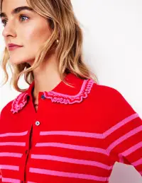 Jessie Frill Collared Cardigan-Poppy Red. Sorbet Pink Stripe(XS)