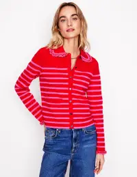Jessie Frill Collared Cardigan-Poppy Red. Sorbet Pink Stripe(XS)