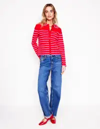 Jessie Frill Collared Cardigan-Poppy Red. Sorbet Pink Stripe(XS)