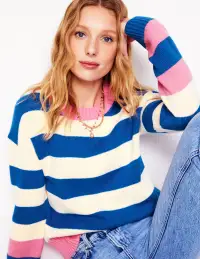Lucinda Cotton Striped Sweater-Bright Blue. Pink Rose Cuff(XS)