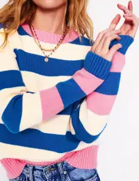 Lucinda Cotton Striped Sweater-Bright Blue. Pink Rose Cuff(XS)