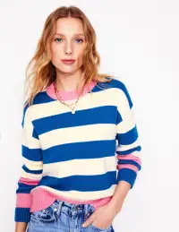 Lucinda Cotton Striped Sweater-Bright Blue. Pink Rose Cuff(XS)