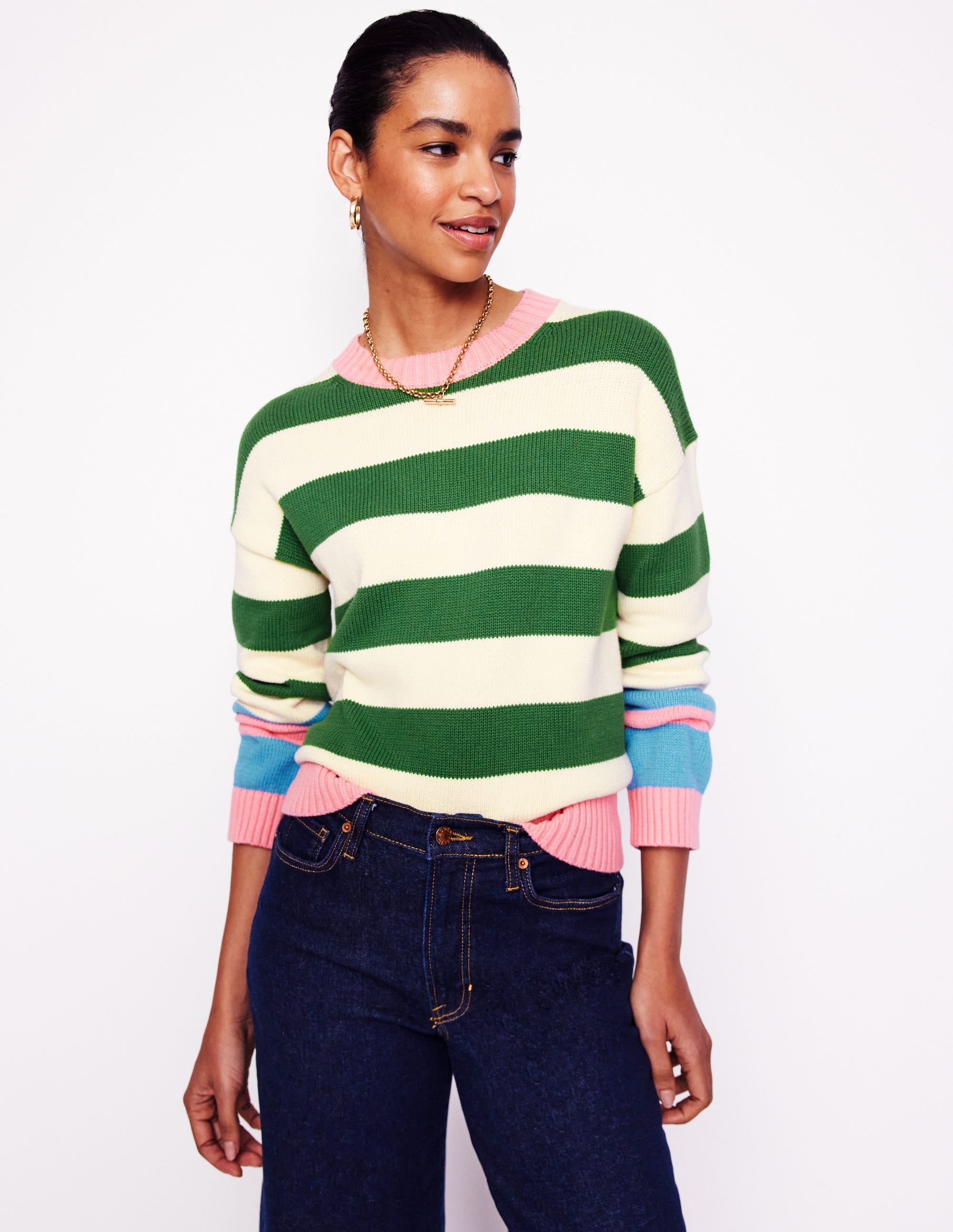 Lucinda Cotton Striped Sweater-Paradise Green. Pink Cuff