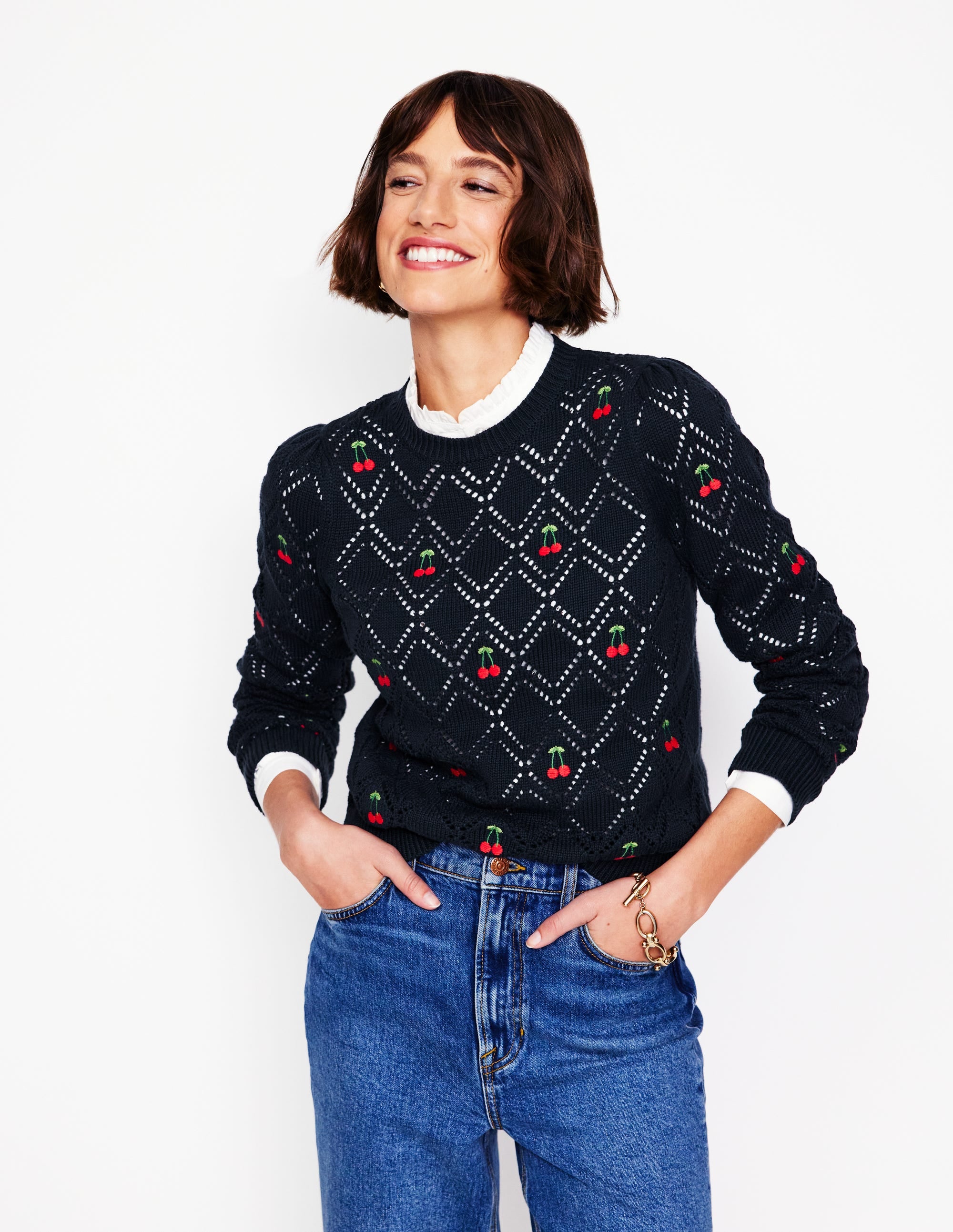 Enid Embroidered Sweater-Navy. Cherries