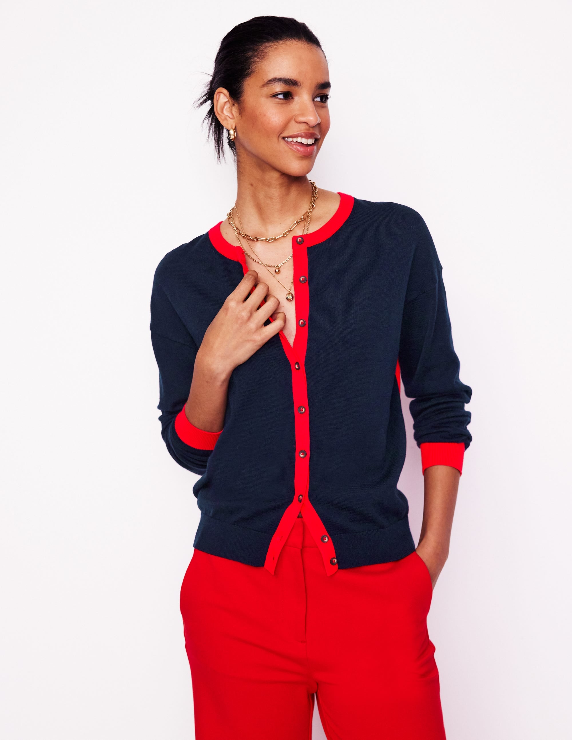 Lara Relaxed Cotton Cardigan-Navy. Poppy Red