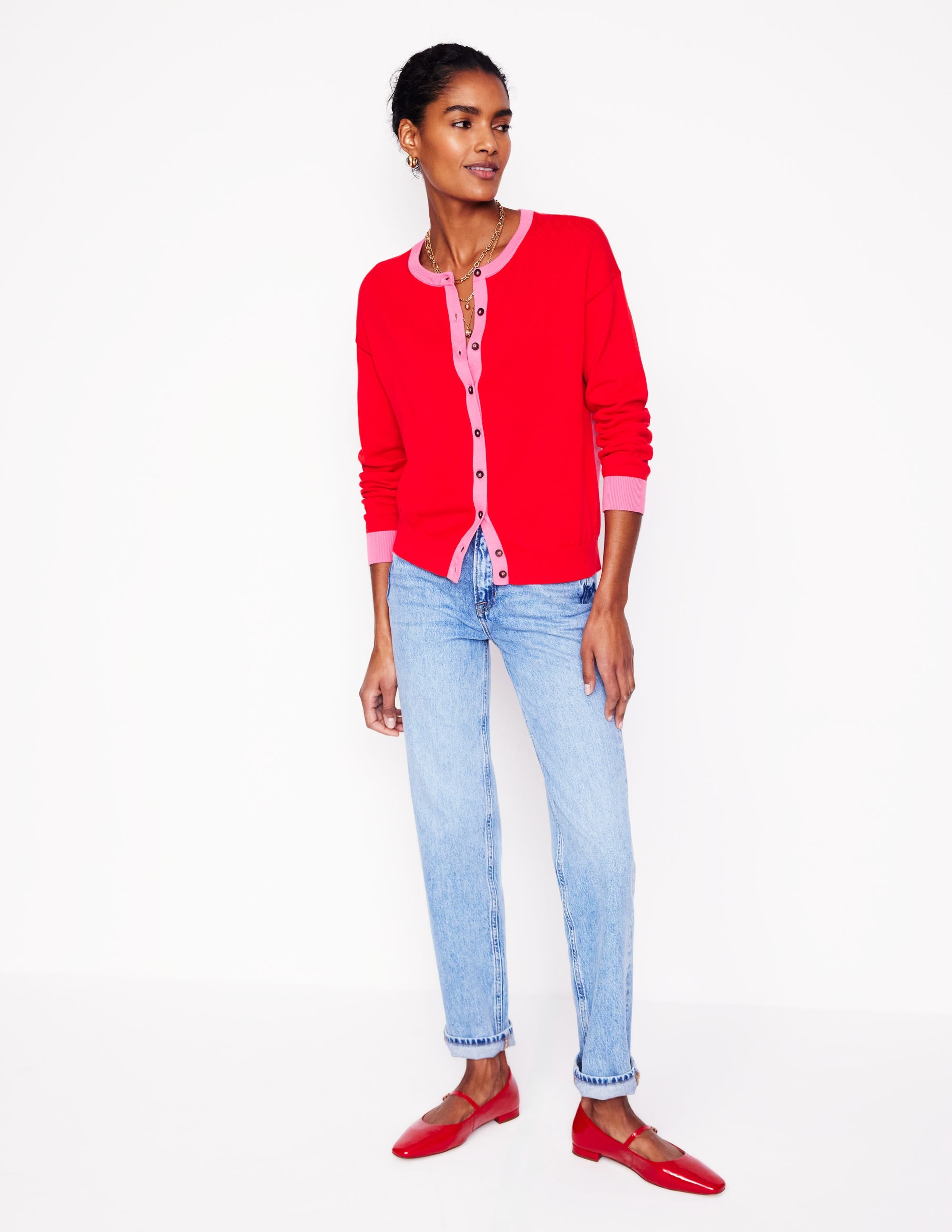 Lara Relaxed Cotton Cardigan-High Risk Red. Carmine Rose