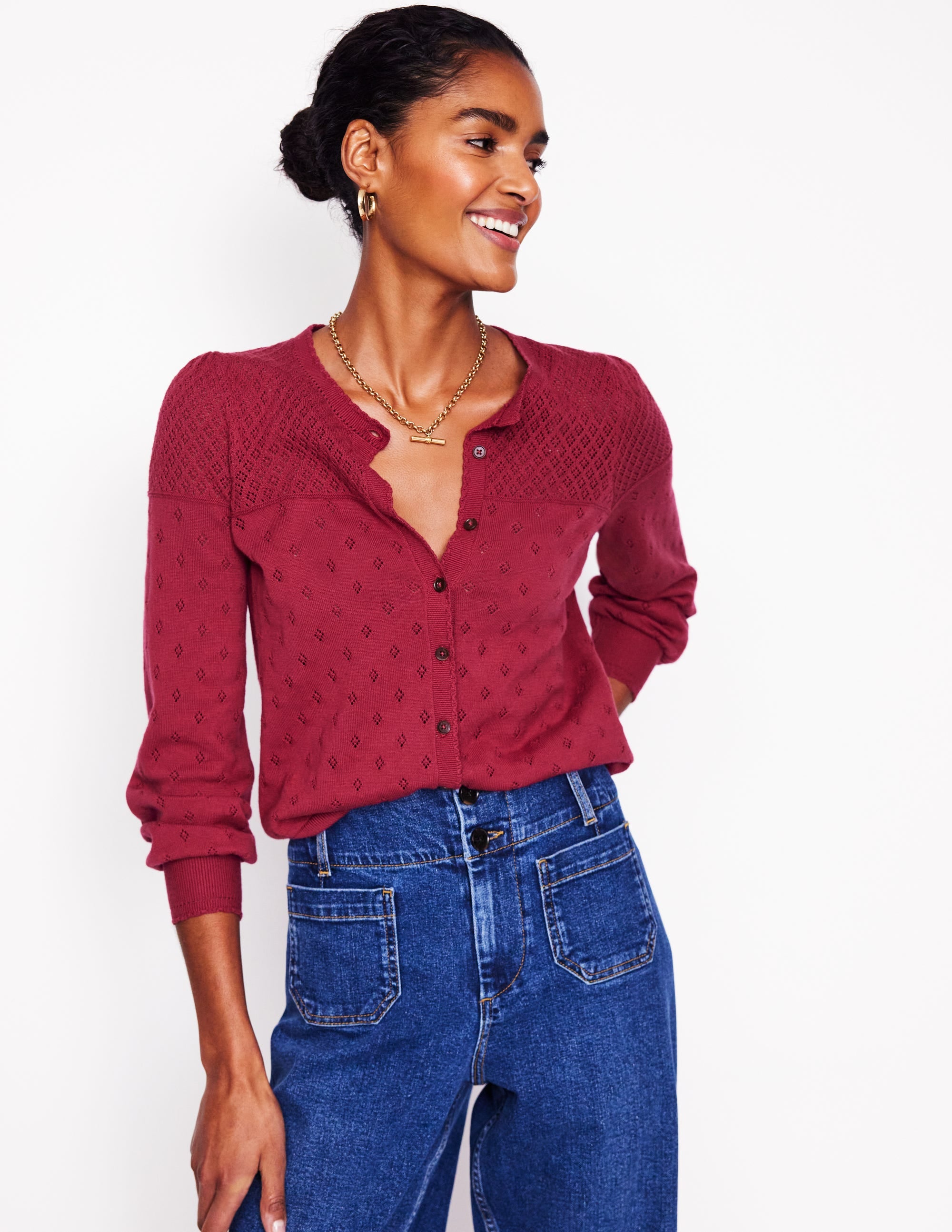 Rosalie Pointelle Cardigan-Terracotta Red