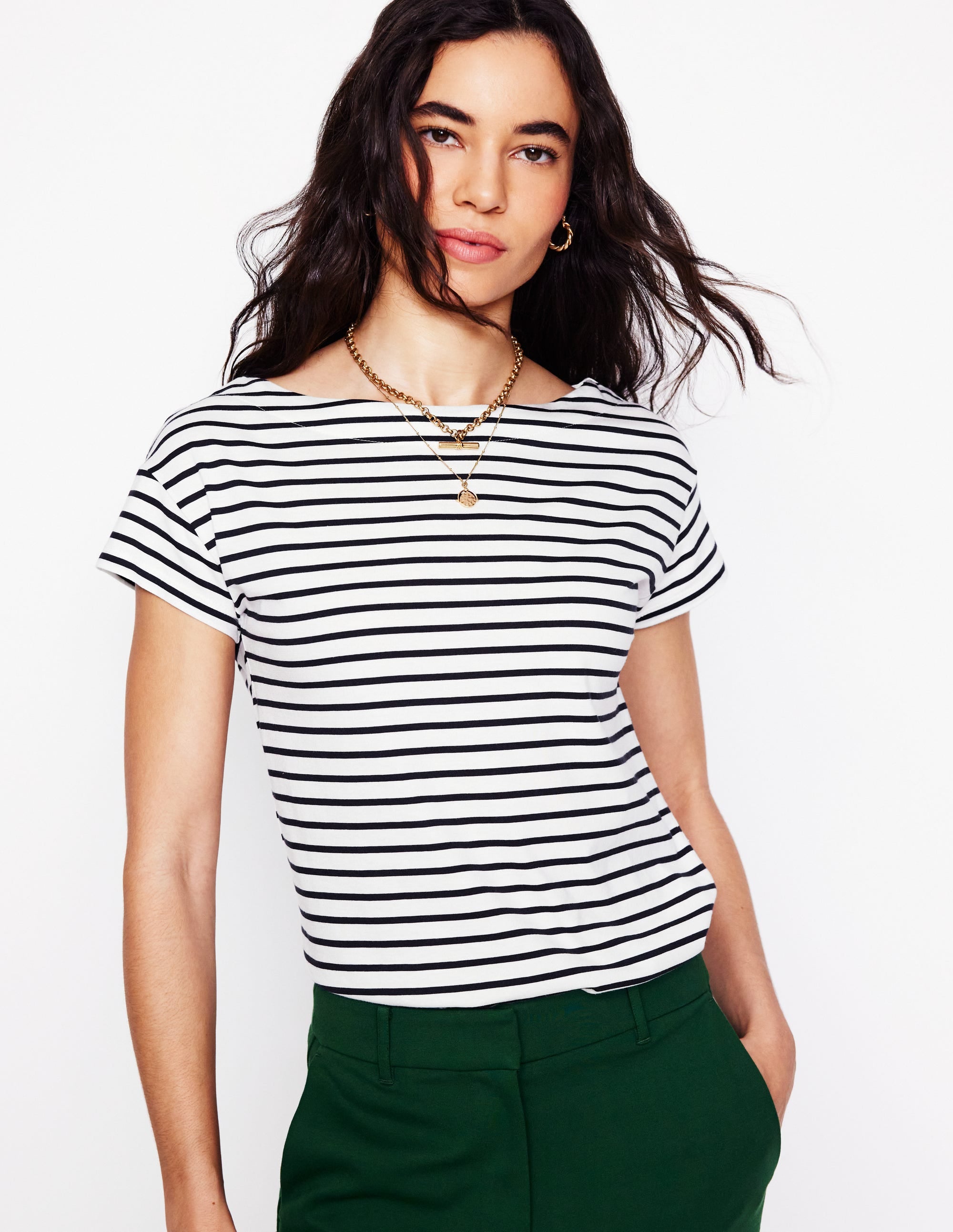 Supersoft Boat Neck T-Shirt-Ivory. Navy Stripe