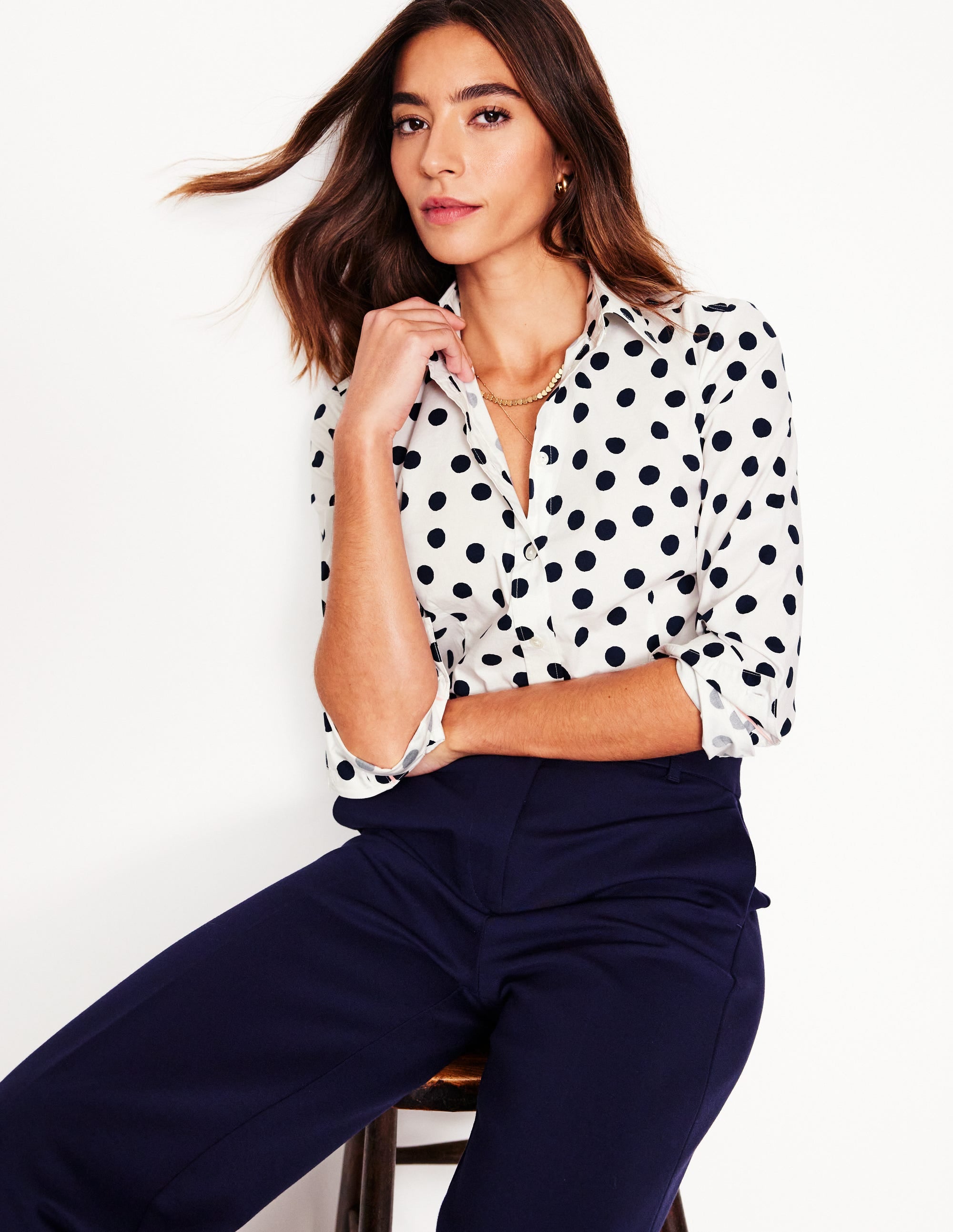 Saskia Stretch Cotton Shirt-Ivory and Navy. Abstract Dot