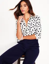 Saskia Stretch Cotton Shirt-Ivory and Navy. Abstract Dot