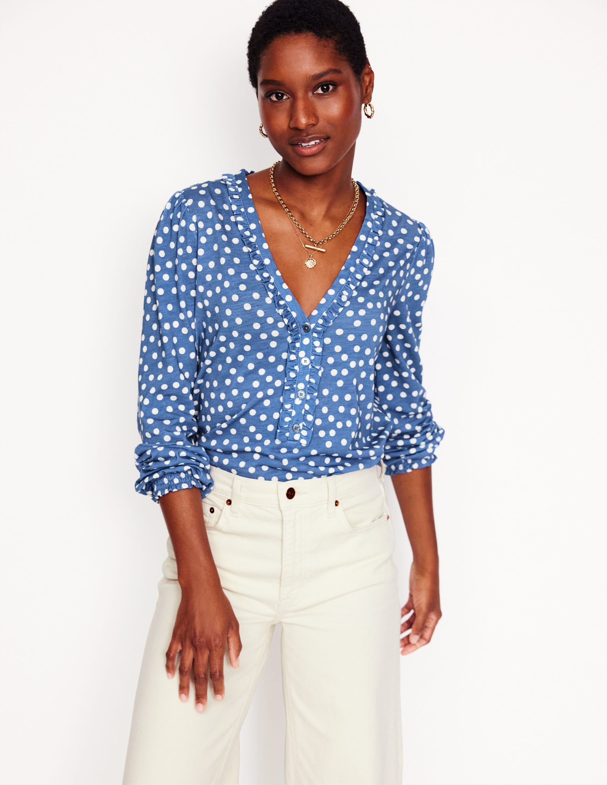 Poppy Ruffled Henley Top-Blue River. Abstract Spot