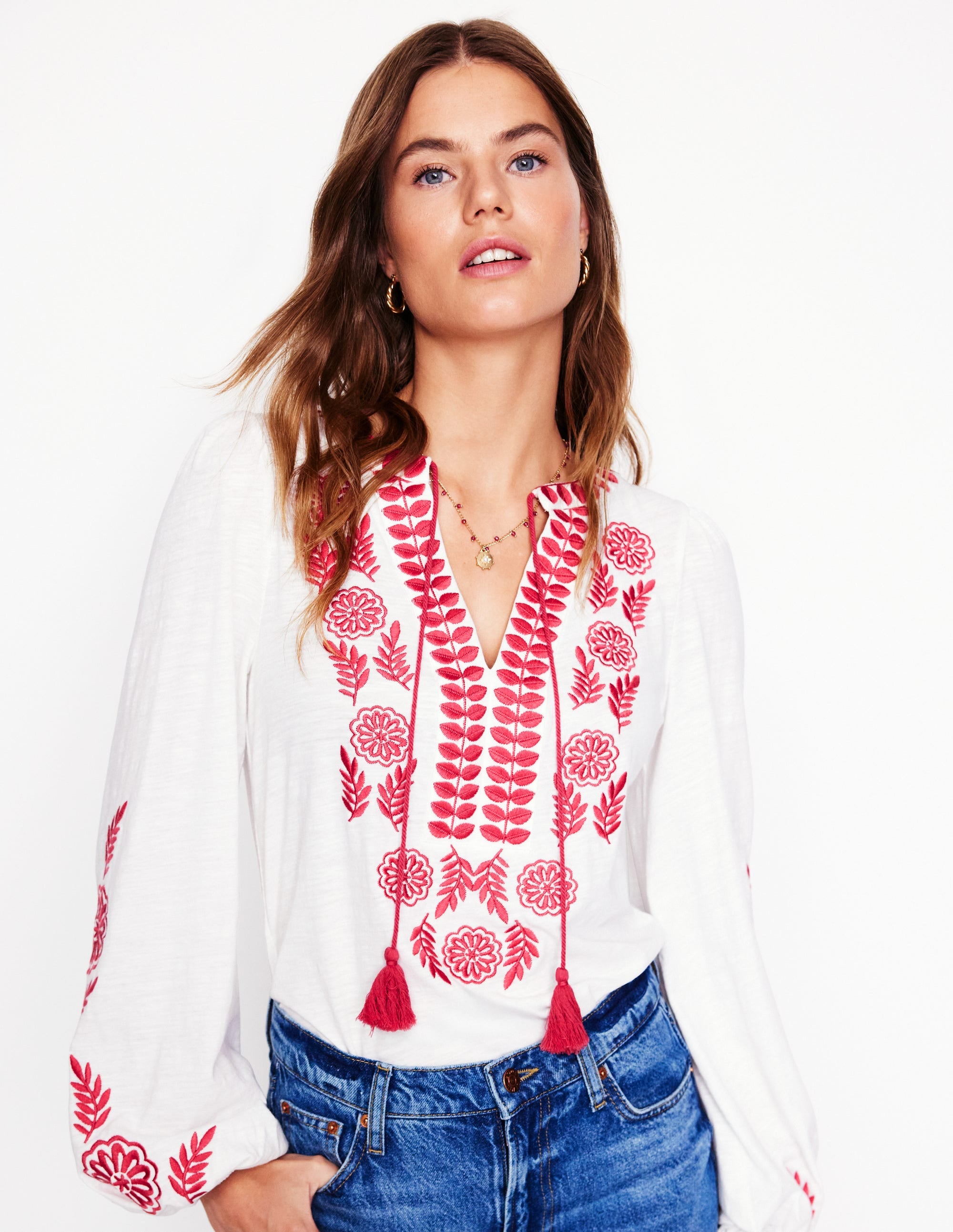 Nia Embroidered Top-White. Berry Red