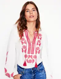 Nia Embroidered Top-White. Berry Red