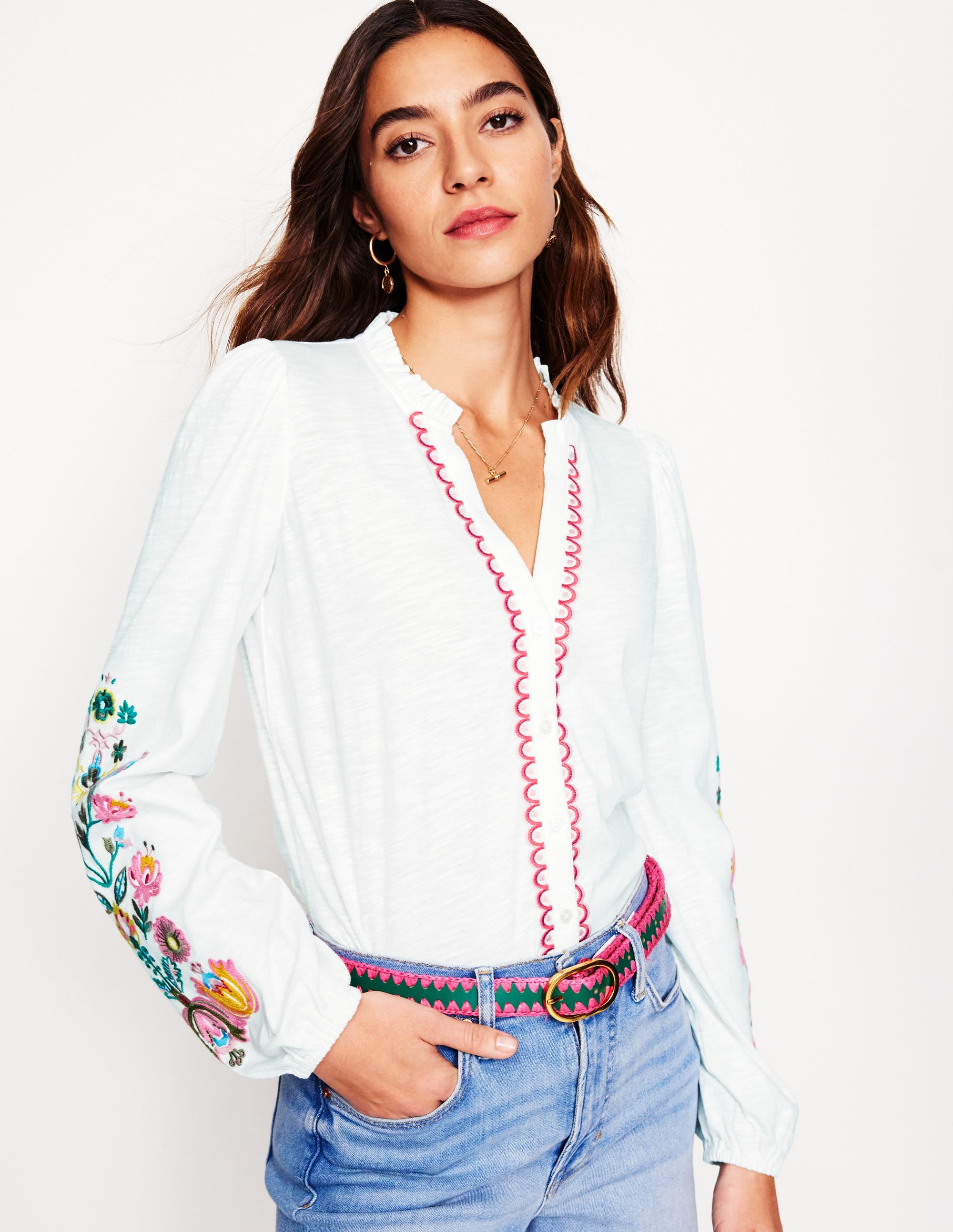 Embroidered Frill Neck Blouse-White. Multi Floral Embroidery