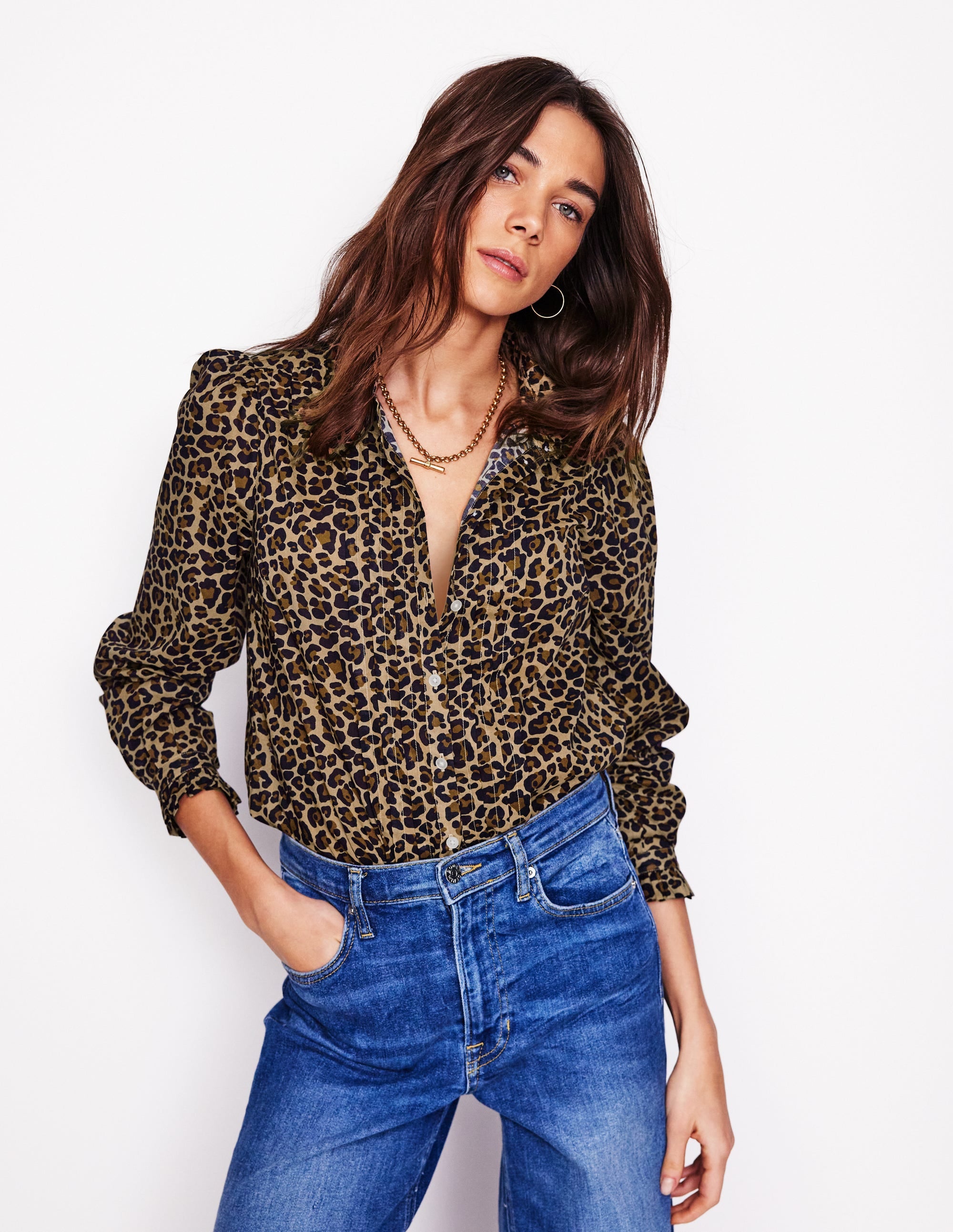 Felicity Cotton Blouse-Camel. Cheetah Pop