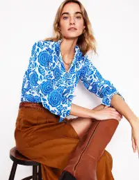 Felicity Cotton Blouse-Gallery Blue. Dahlia Stamp