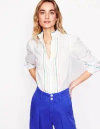 Felicity Cotton Blouse-White. Multi Stitch