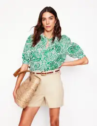 Bea Linen Top-Rich Emerald. Meadow Paisley