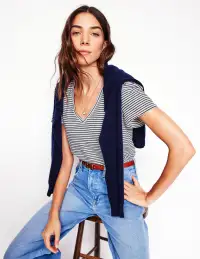 Short Sleeve V Neck T-shirt-Ivory. Navy Stripe