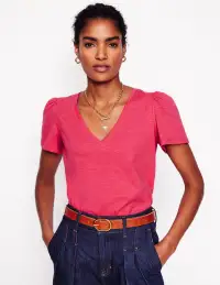 Short Sleeve V Neck T-shirt-Camelia Pink