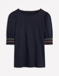 Short Sleeve Smocked Cuff Top-Navy(2)