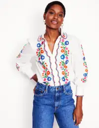 Embroidered Cotton Blouse-White. Floral Embroidery