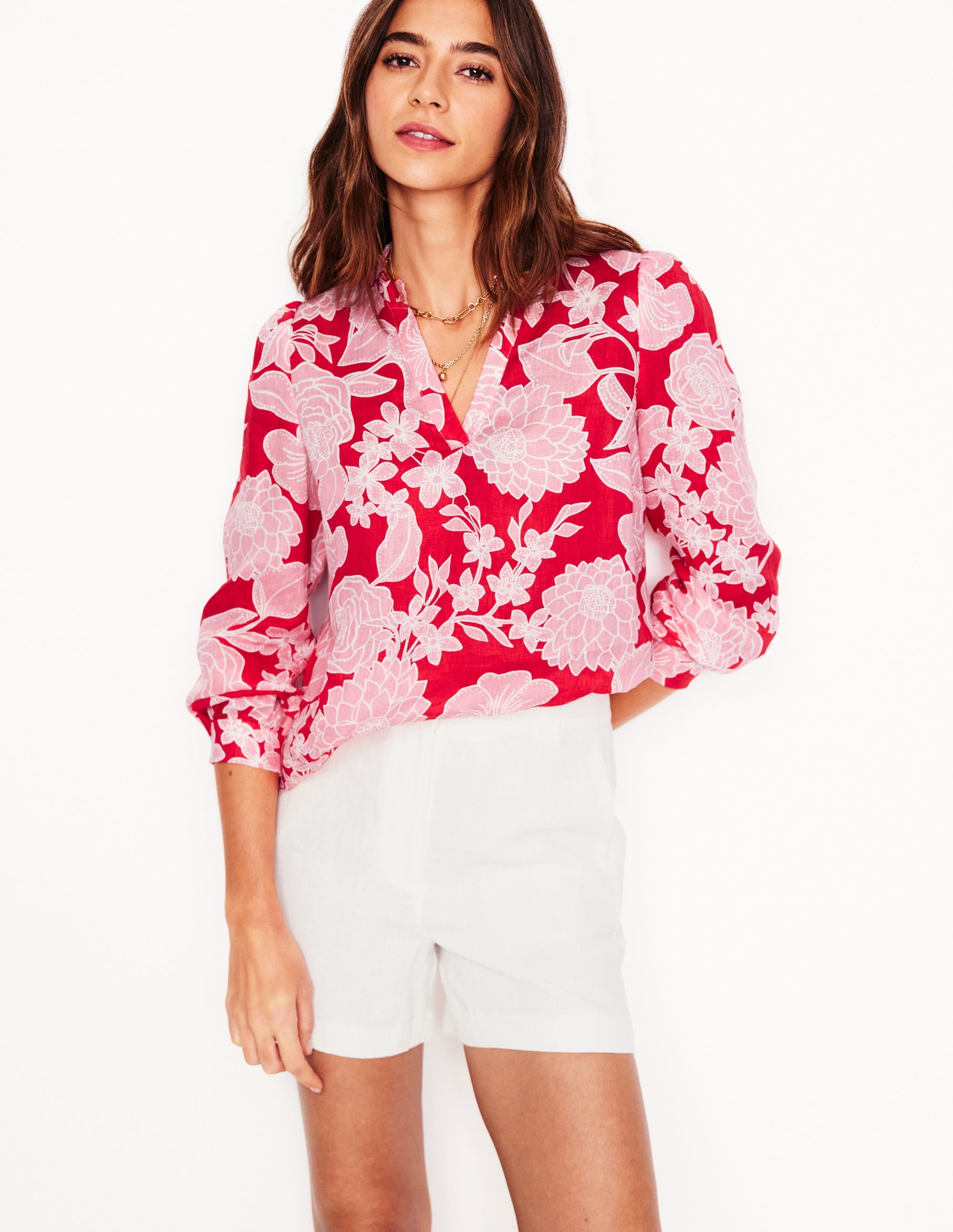 Grace Linen Top-Poppy Red. Blossom Cascade
