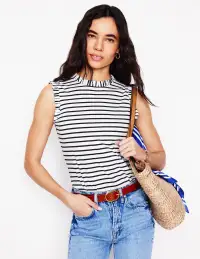 Supersoft Frill Detail Vest-Ivory. Navy Stripe