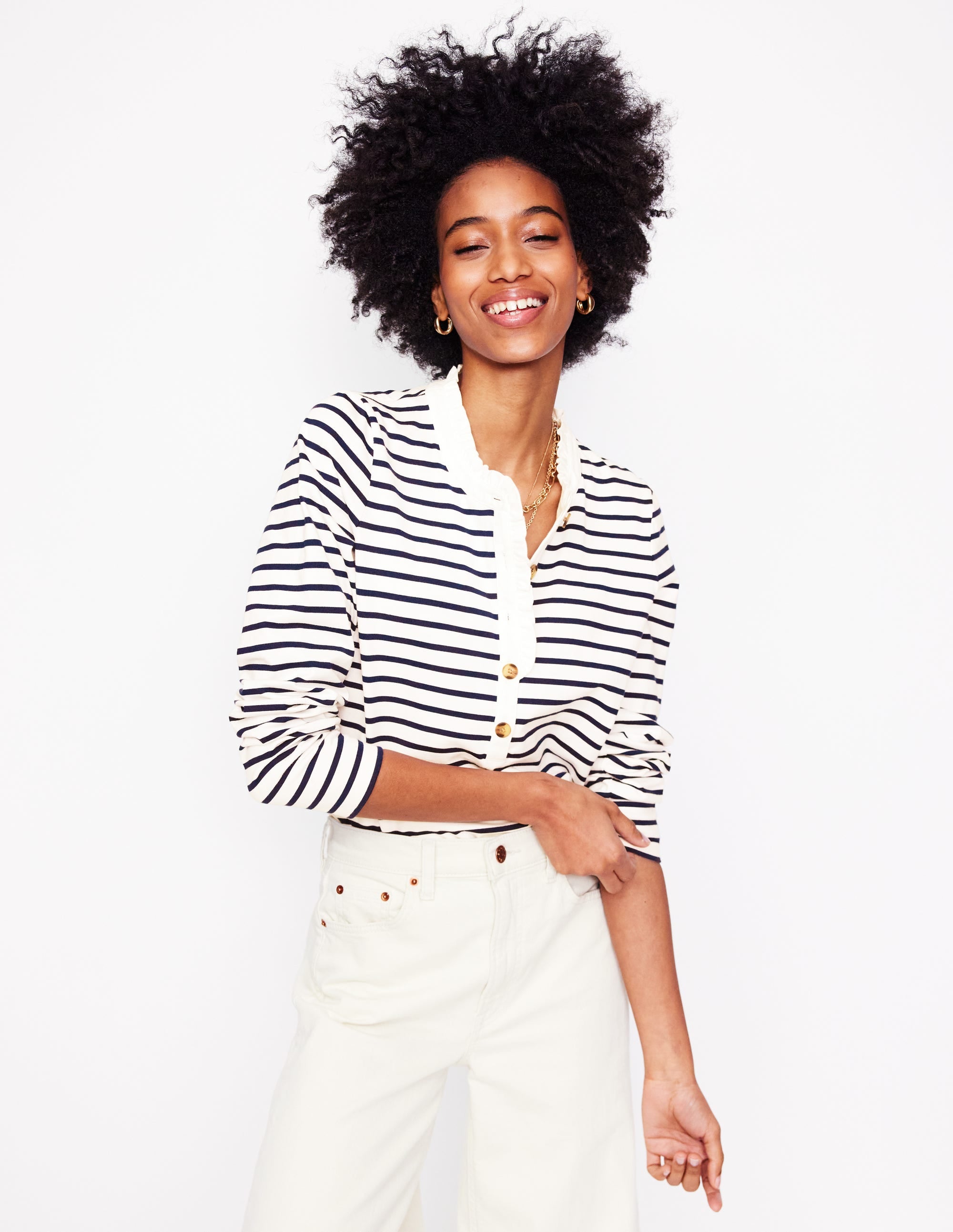 Frill Neck Breton Top-Ivory. Navy
