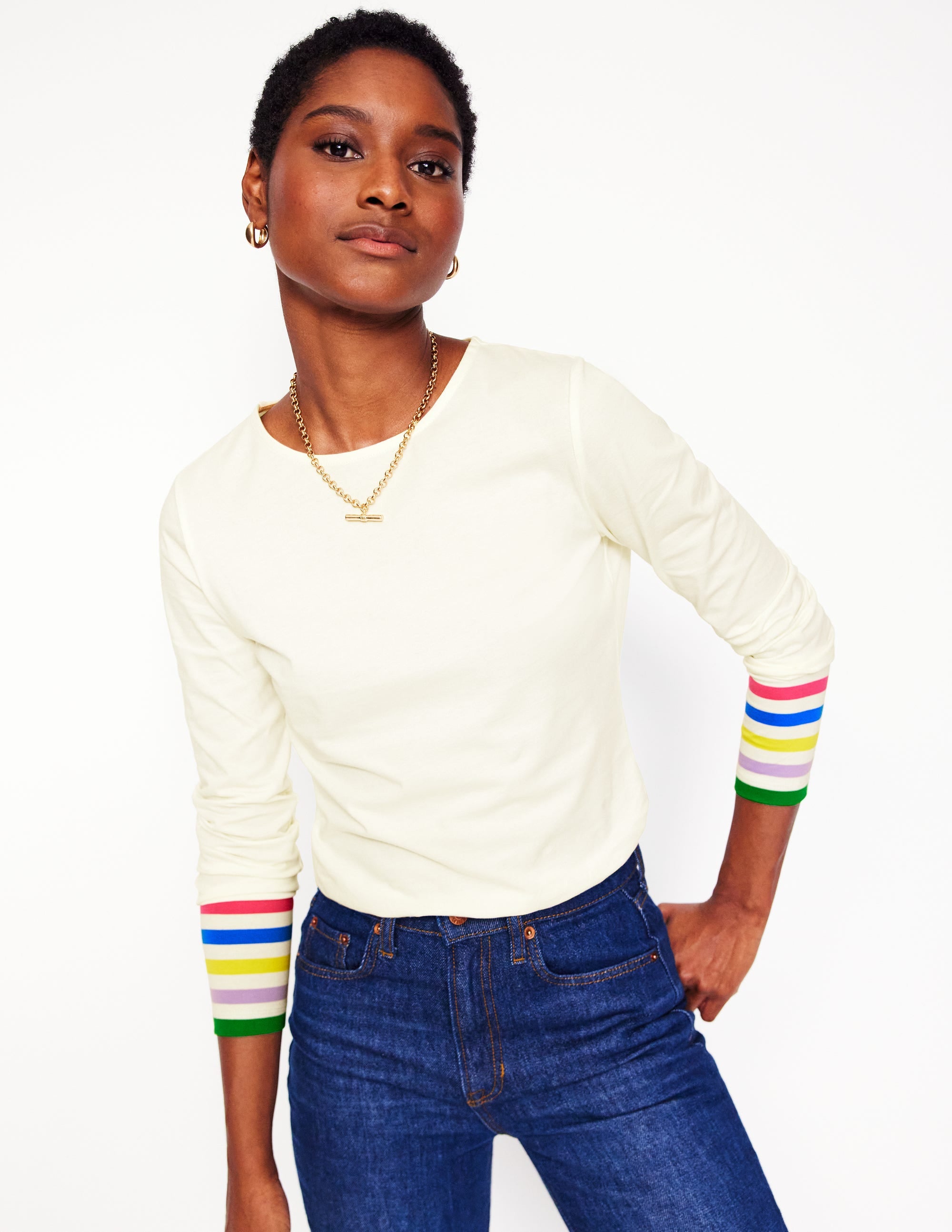 Stripe Cuff Top-Ivory Rainbow Stripe Cuff