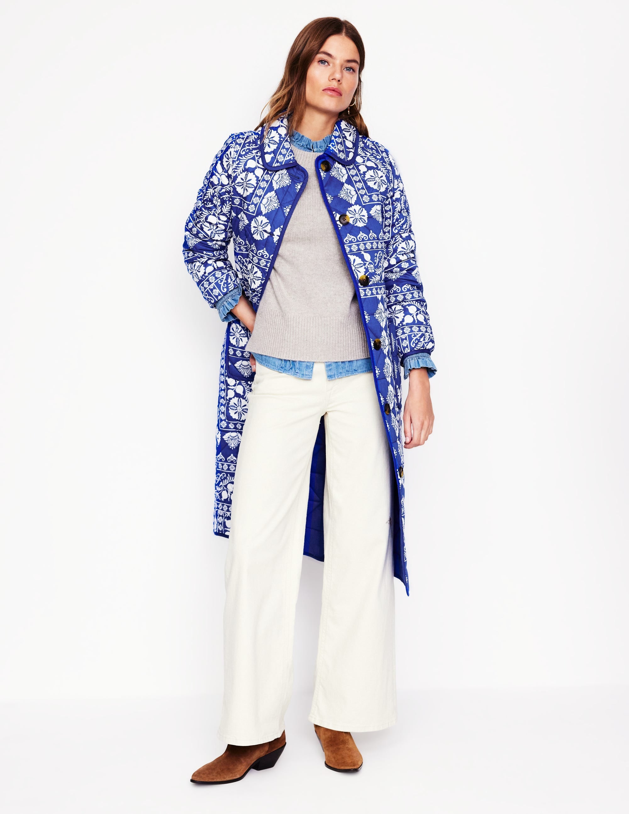 Soft Quilted Coat-Bright Blue. Ornate Border