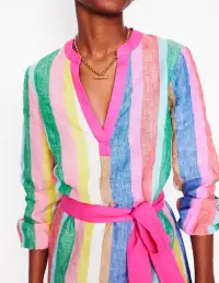 Cleo Linen Tie Waist Dress-Bright Rainbow Stripe(Regular,2)