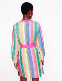 Cleo Linen Tie Waist Dress-Bright Rainbow Stripe(Regular,2)