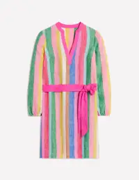 Cleo Linen Tie Waist Dress-Bright Rainbow Stripe(Regular,2)