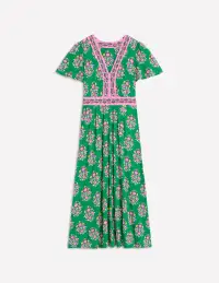 Ellie Flutter Maxi Tea Dress-Rich Emerald. Wildflower Stamp(Petite,2)