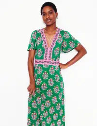 Ellie Flutter Maxi Tea Dress-Rich Emerald. Wildflower Stamp(Petite,2)