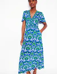 Ellie Flutter Maxi Tea Dress-Blue. Decorative Dandelion(Petite,2)